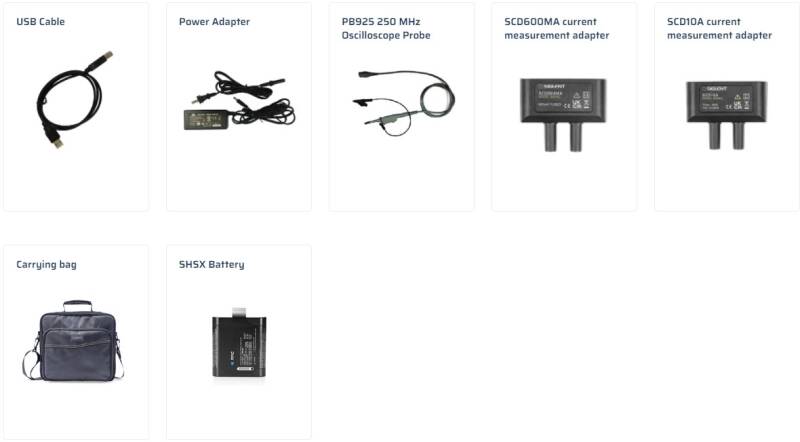 Siglent SHS series handheld oscilloscope with its supplied probes, leads and accessories