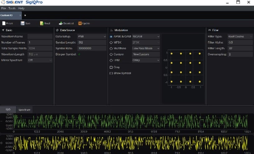 SigIQPro custom modulation setup with 16QAM constellation and IQ waveform