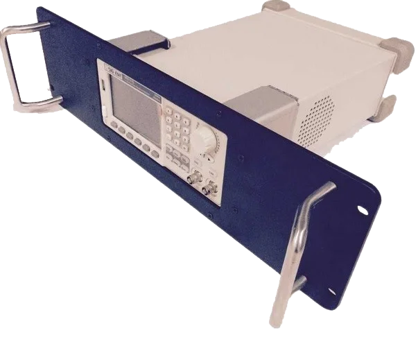 A Siglent function generator installed in the SDG-RMK rack shelf, shown at an angle