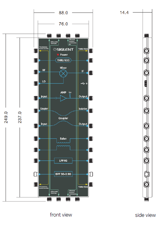 SNA-TB01 dimension drawing, front and side view, 249 by 88 by 14.4 millimetres