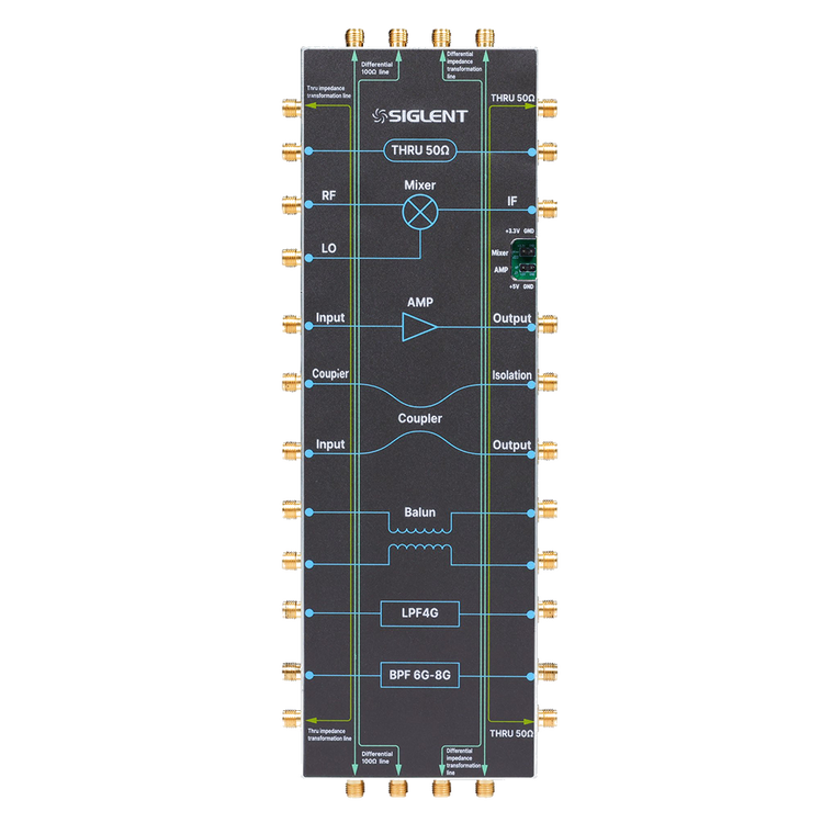 Siglent SNA-TB01 RF demonstration board with eleven test circuits and SMA connectors