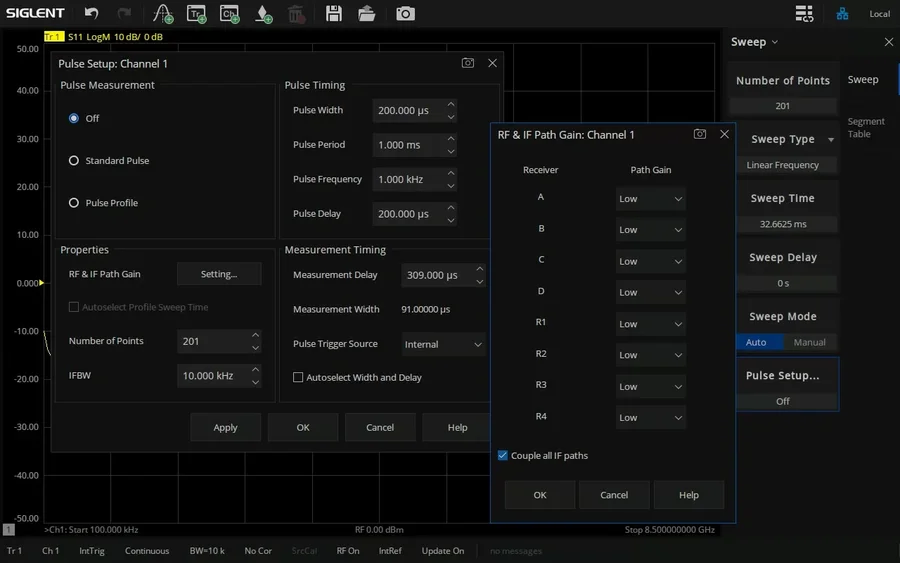 Siglent VNA Pulse Setup dialog with pulse timing, measurement timing and RF and IF path gain