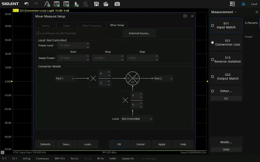 Siglent VNA Mixer Measure Setup dialog with converter model, ports and LO selection