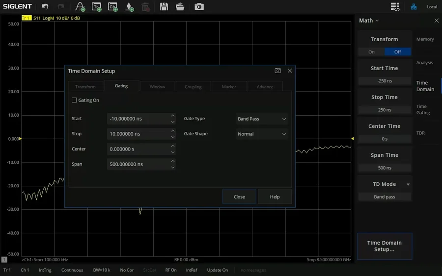 Siglent VNA time-domain setup dialog with the gating tab open