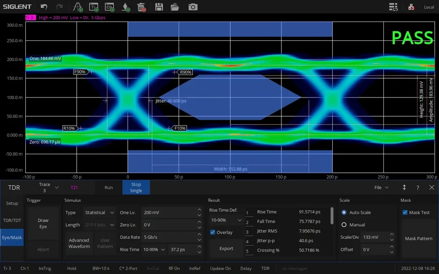 Siglent TDR option statistical eye diagram at 5 Gb/s with mask test passed and eye measurements