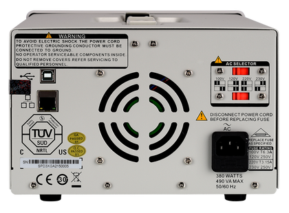 Siglent SPD3303X-E — rear — usb, lan and ac selector