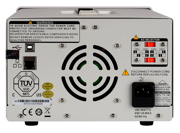 Siglent SPD3303X-E rear panel with USB, LAN and AC voltage selector