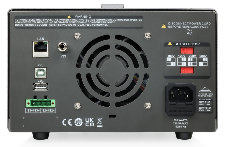 Siglent SPD4000X rear panel with LAN, USB, remote sense, ground, cooling fan, AC voltage selector and fused AC inlet