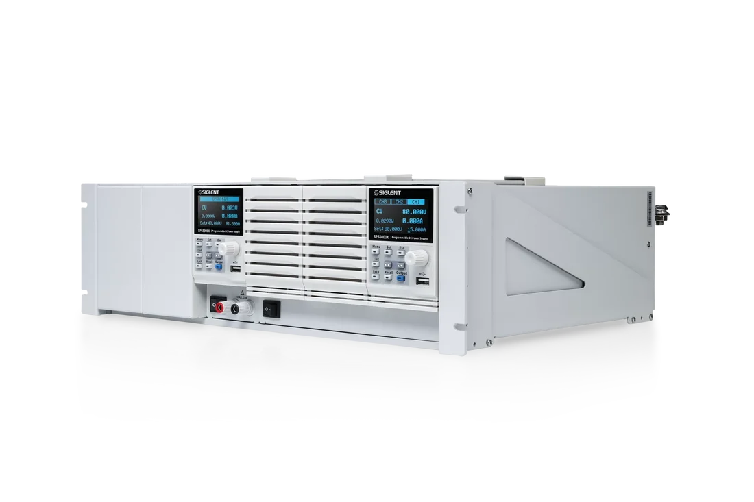 Siglent SPS5000X-RMK 3U rack kit with an SPS5161X, a three-channel SPS5000X and two blank panels