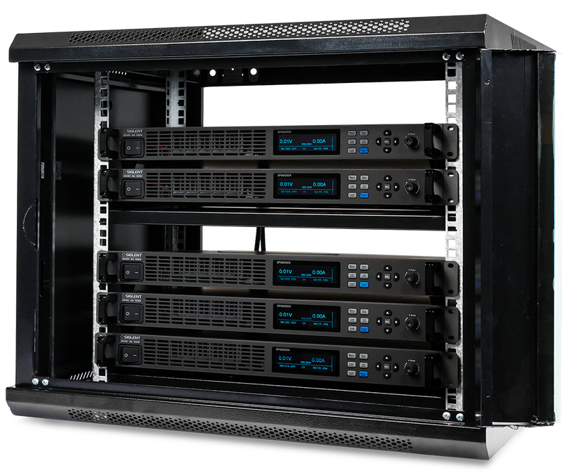 Siglent SPS6000X power supplies mounted and paralleled in a 19-inch rack