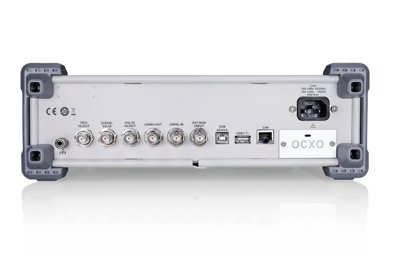 Siglent SSG5000A rear panel: trigger, signal valid, pulse, 10 MHz in and out, external modulation, USB, LAN and the OCXO module