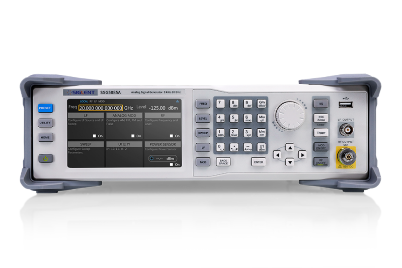 Siglent SSG5000A series microwave signal generator, front panel with 5-inch touchscreen