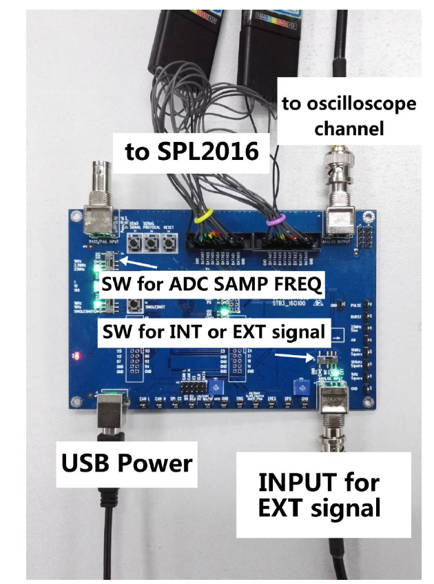 Siglent STB3 board connected to an oscilloscope channel and a logic probe, with the switches labelled