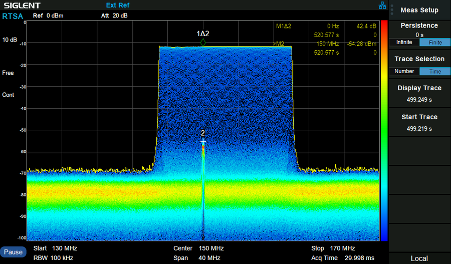 Siglent SSA3000X-R real-time density view with a 40 MHz span from 130 to 170 MHz