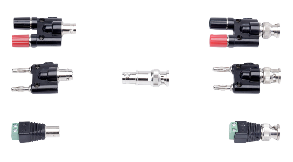 The seven parts of the TekBox TBBNC1 BNC adapter set laid out
