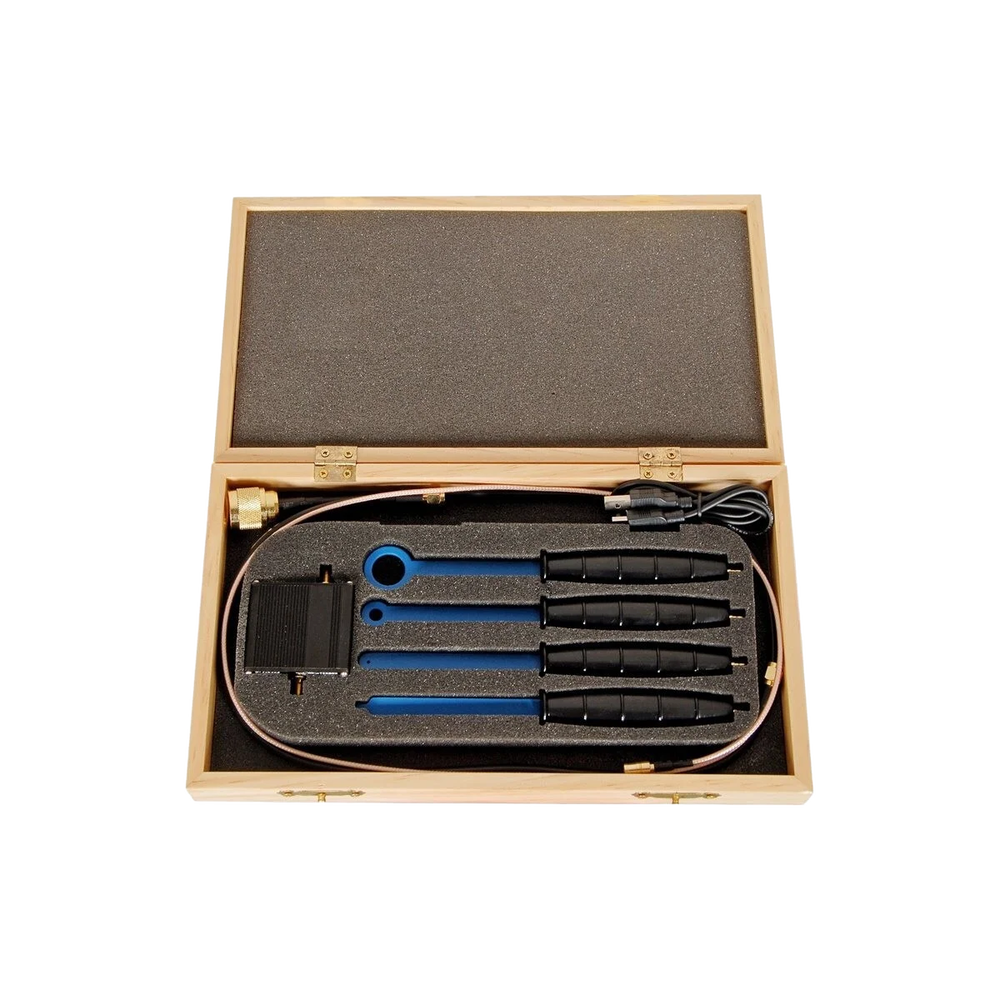 TekBox TBPS01-TBWA2 near-field probe set in its wooden case with the TBWA2 amplifier and cables
