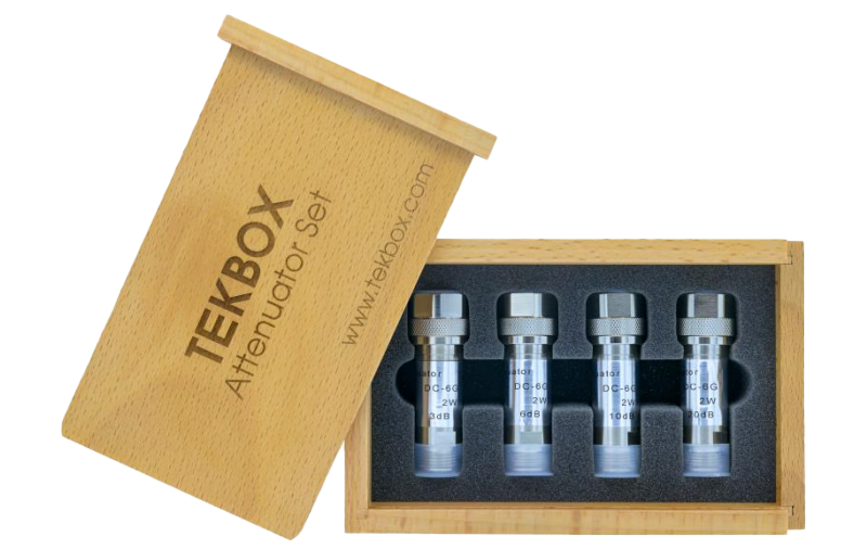 TekBox TBAS4 attenuator set: four N attenuators in a beech-wood box