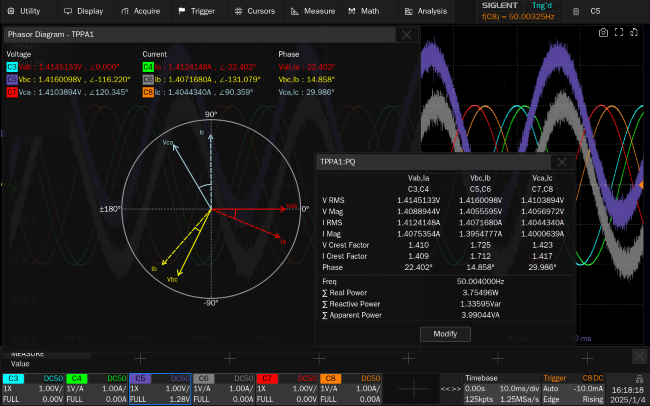 SDS5000X HD three-phase power analysis screen with phasor diagram and power table