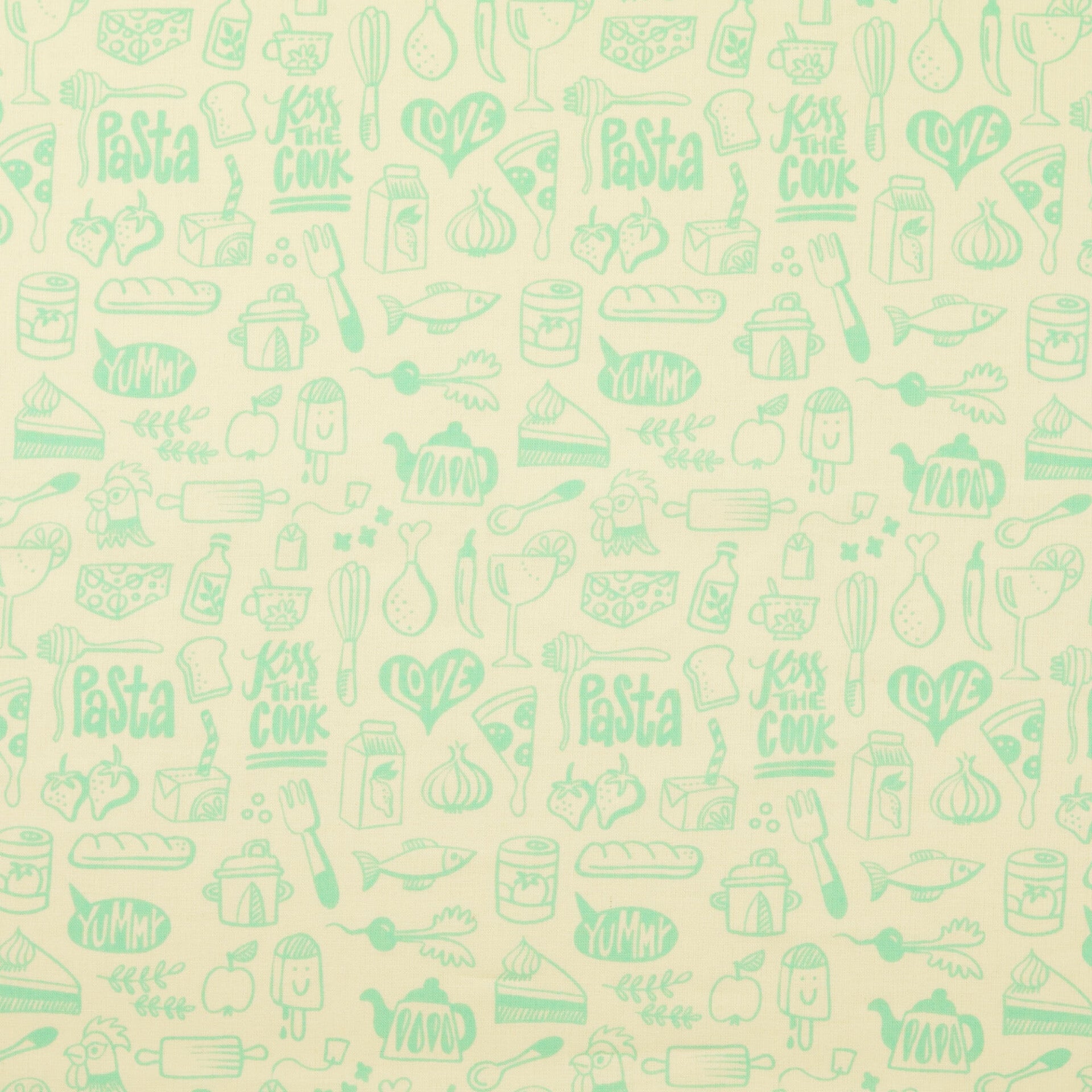 11,90EUR/m Bio Baumwolldruck Webware In my Kitchen Menu Hamburger Liebe creme mint