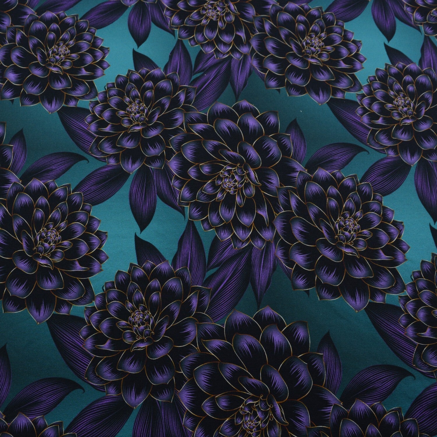 18,90EUR/m French Terry Aurora große lila Blüten auf petrol