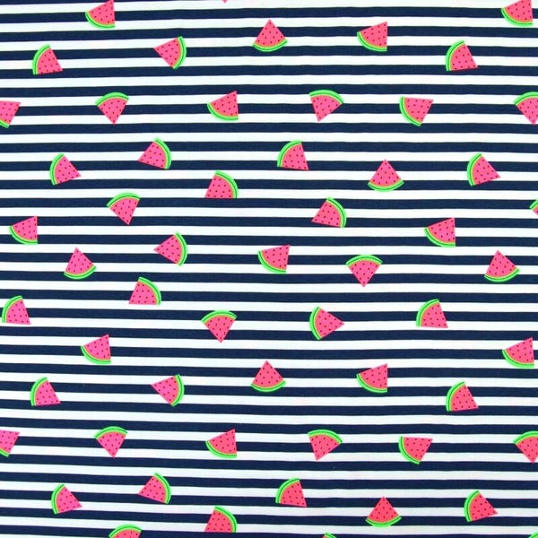 12,90EUR/m Baumwolljersey marine Streifen mit Melonen