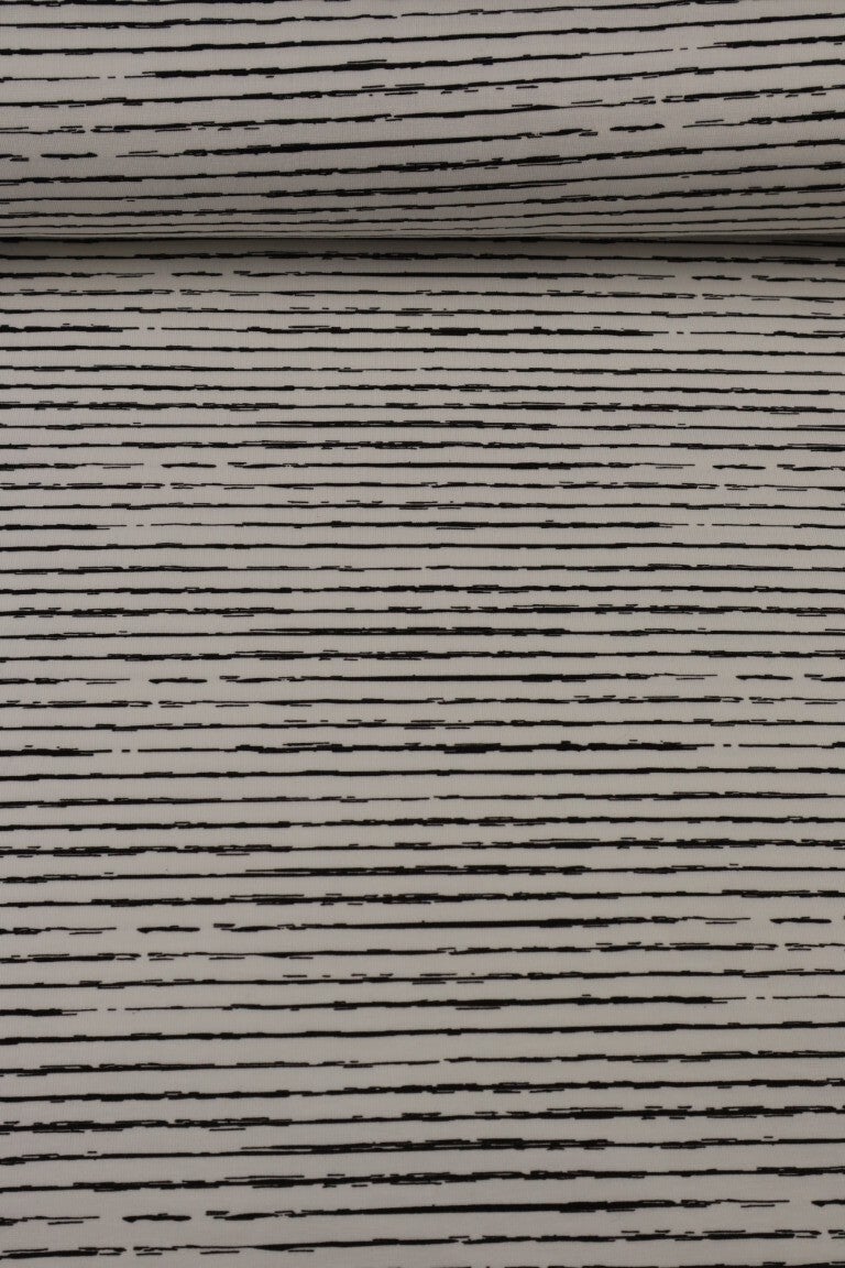 11,90EUR/m Baumwolljersey Stripes unregelmäßige schwarze Streifen auf weiß