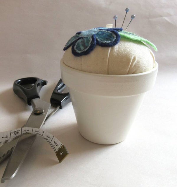 Flower Pot Pincushion - Blue Flower - Large