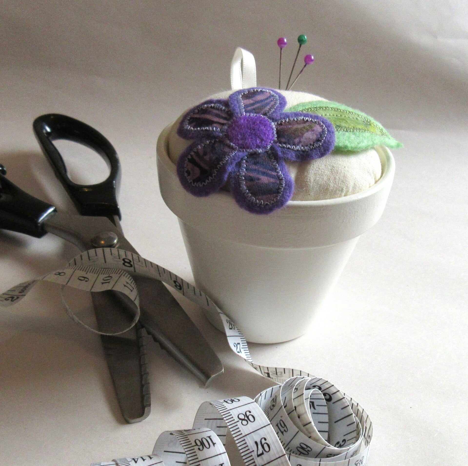 Flowerpot Pincushion - Purple Flower - Large