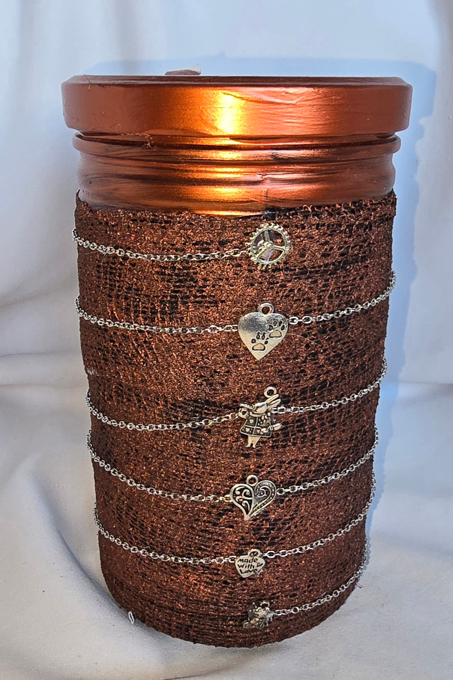 Schraubglas bandagiert, kupferfarben mit versilbertem Kettchen