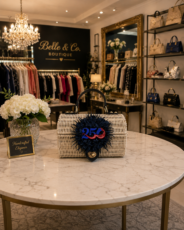 250 navy & white straw purse