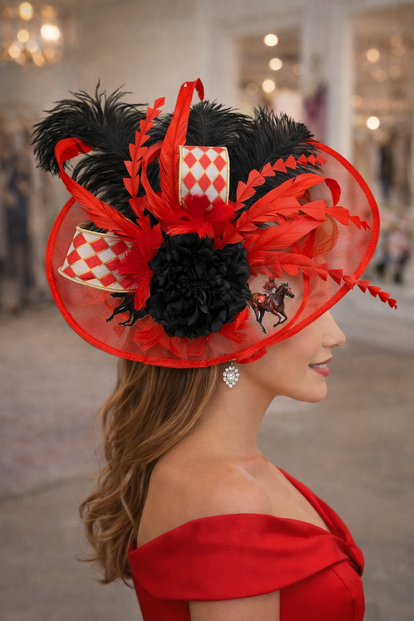 Cherry Rose Red Statement Fascinator – Bold KY Derby & Race Day Hat Large Red Flower Feather Hat Fascinator Wedding Races  main image 2