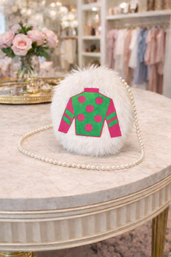 Pink jockey silk polka dot fur purse