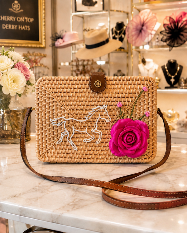 White with pink rose and jockey silk purse