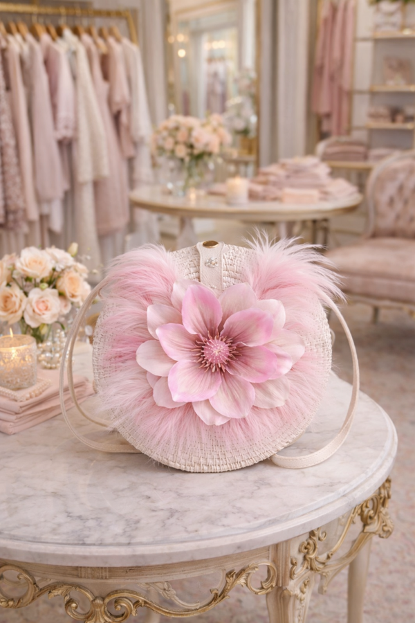 White purse with pink accents