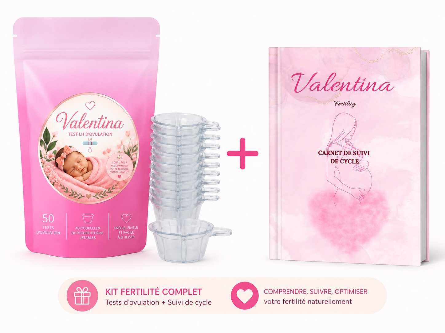 Kit fertilité 50 tests d'ovulation + 20 pot de recueil d'urine + cahier de suivi de cycle format physique