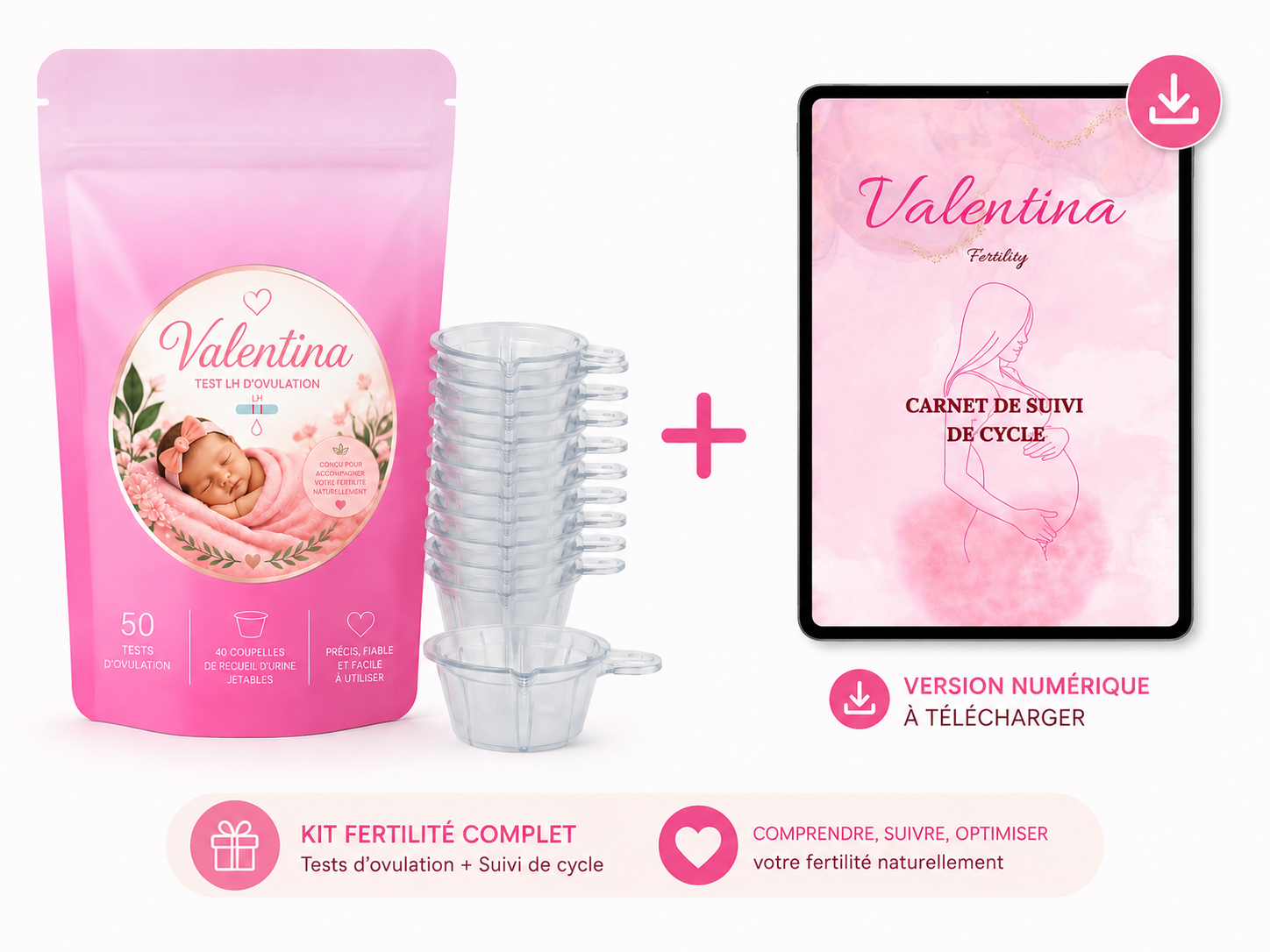 (Format digital) Kit fertilité 50 tests d'ovulation + 20 pot de recueil d'urine + cahier de suivi de cycle VERSION NUMERIQUE