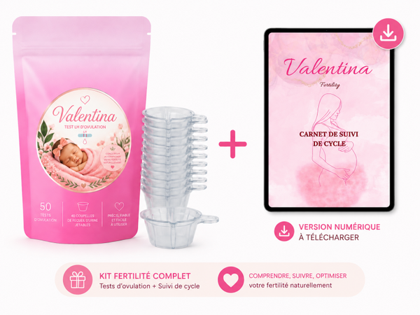 (Format digital) Kit fertilité 50 tests d'ovulation + 20 pot de recueil d'urine + cahier de suivi de cycle VERSION NUMERIQUE