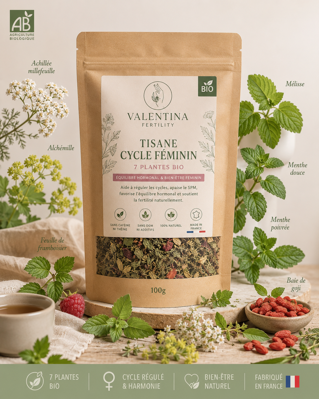 PRE COMMANDE Tisane bien être feminin | 7 Plantes Bio pour réguler les cycles , apaise les SPM, maintient un équilibre hormonal | Infusion Sans Caféine ni Théine | Sans OGM ni Additifs  | Fabriqué en France | Valentina Fertility