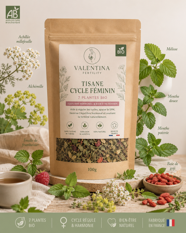 PRE COMMANDE Tisane bien être feminin | 7 Plantes Bio pour réguler les cycles , apaise les SPM, maintient un équilibre hormonal | Infusion Sans Caféine ni Théine | Sans OGM ni Additifs  | Fabriqué en France | Valentina Fertility