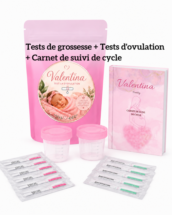 Kit fertilité 50 tests d'ovulation +20 tests de grossesse precoce+ 20 pot de recueil d'urine + cahier de suivi de cycle format physique