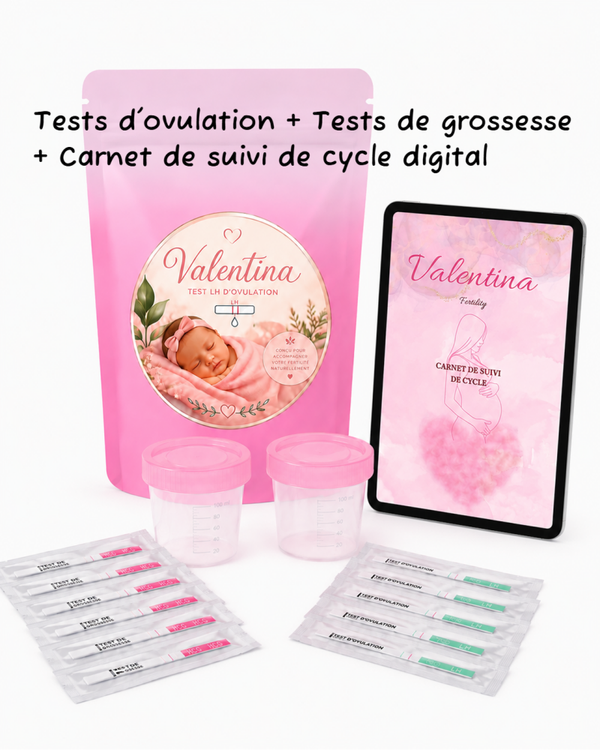 (Format digital) Kit fertilité 50 tests d'ovulation + 2O tests de grossesse précoce + 20 pot de recueil d'urine + cahier de suivi de cycle VERSION NUMERIQUE
