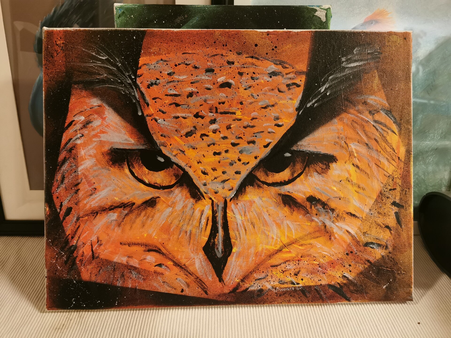 Original "Orange Eule" mit Acryl auf Leinwand