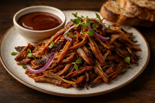 Gerookte pulled pork met een huisgemaakte OS Special BBQ saus er apart bij