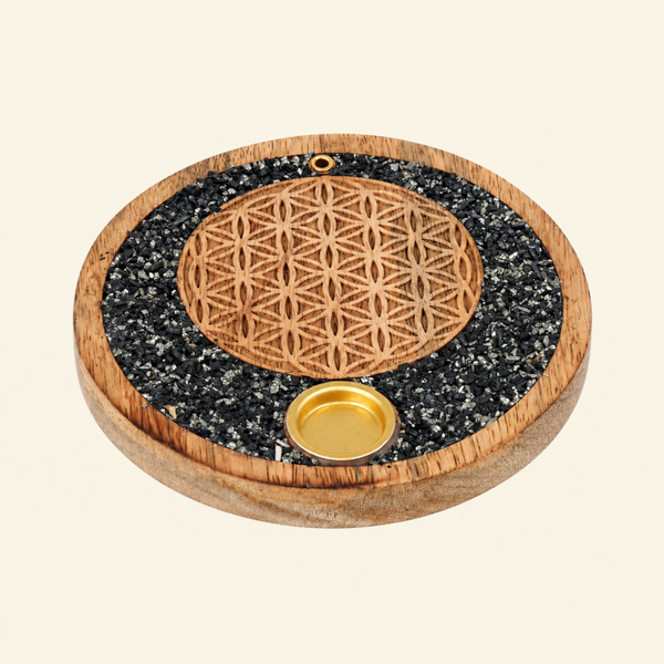 Wierookkegelhouder Flower of life toermalijn en pyriet mangohout