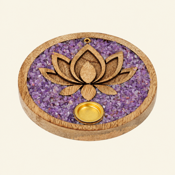 Wierookkegelhouder Lotus amethist mangohout
