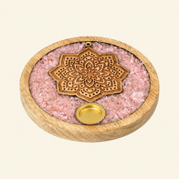 Wierookkegelhouder Mandala rozenkwarts mangohout