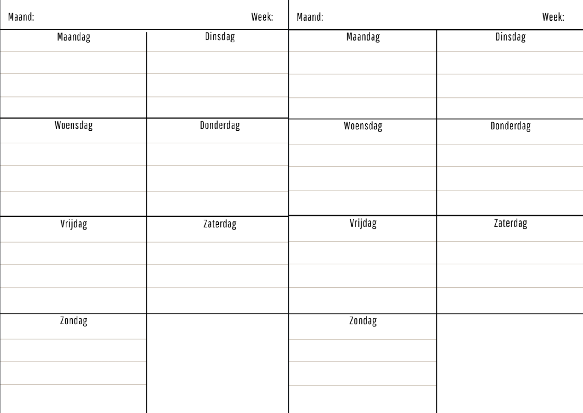 Leeg weektemplate op 1 pagina