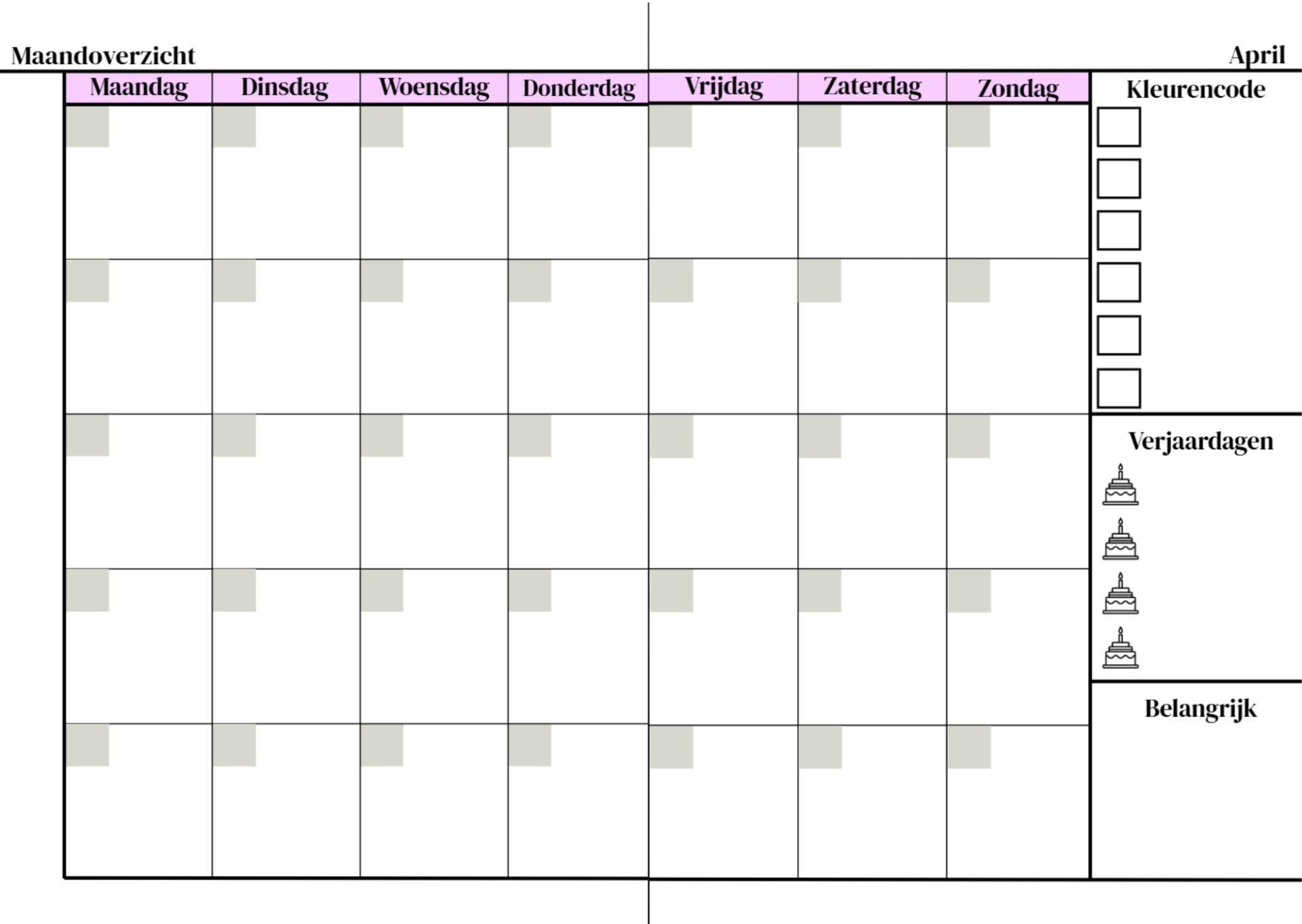 Maandoverzicht kleuraccenten