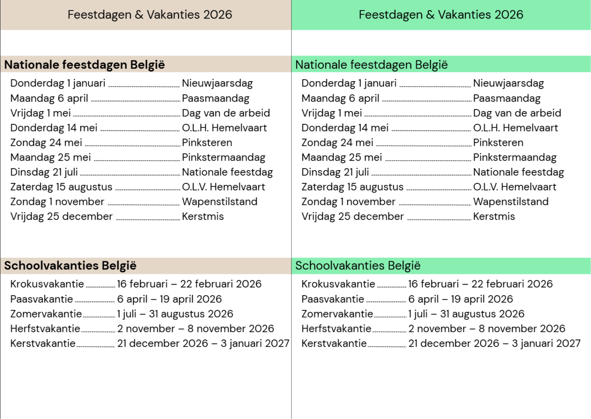 Feestdagen en vakanties