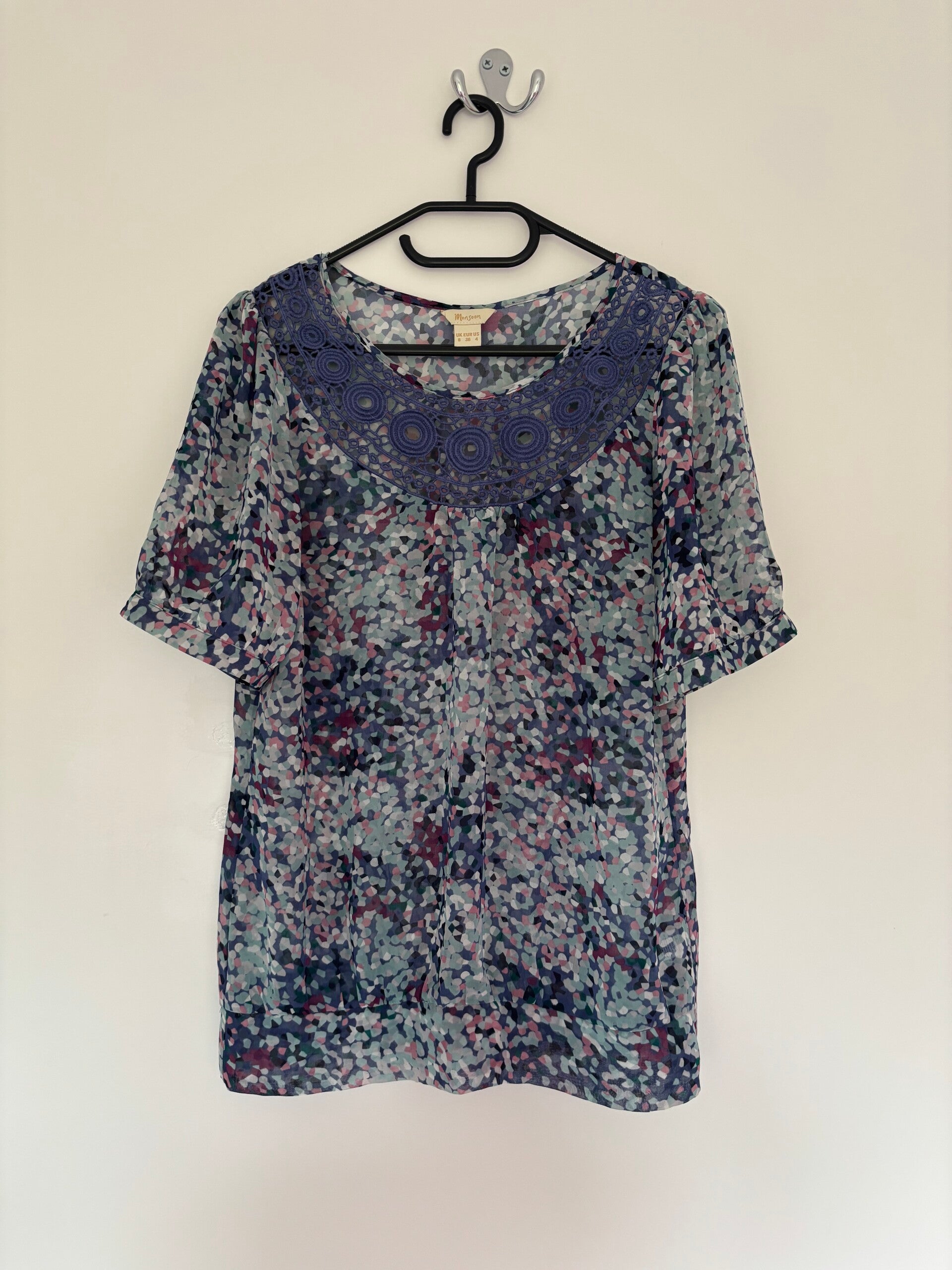 Monsoon Short Sleeve See Through Patterned Blouse Size 8